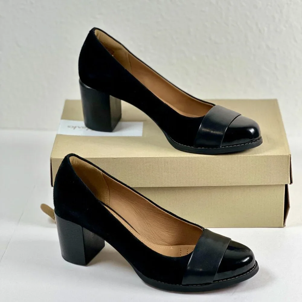 Clarks Artisan Tarah Brae Black Suede Patent Leather Pumps Women’s Size 6.5M - Picture 7 of 16